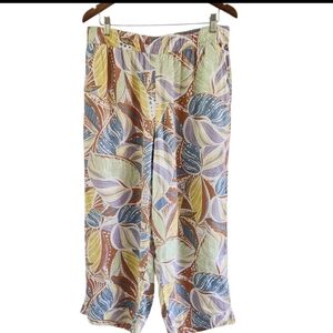 C&C California Linen Leaf Print Wide Leg Pull On Pants Womens Size XL Beachy